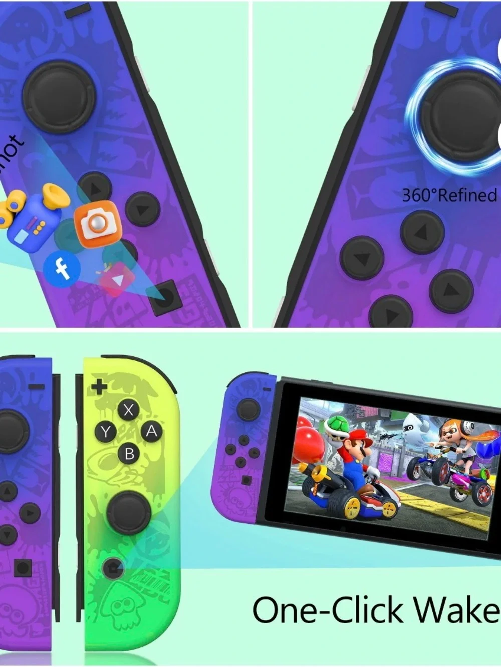 Nintendo Compatible Neon Purple & Lime Green Wireless Game Controllers
